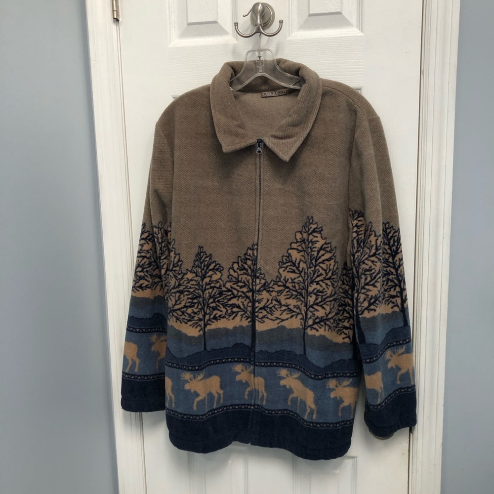 Womens XL Fashion Classics Zip Moose Tree Pattern Jacket Taupe Blue Grandmacore